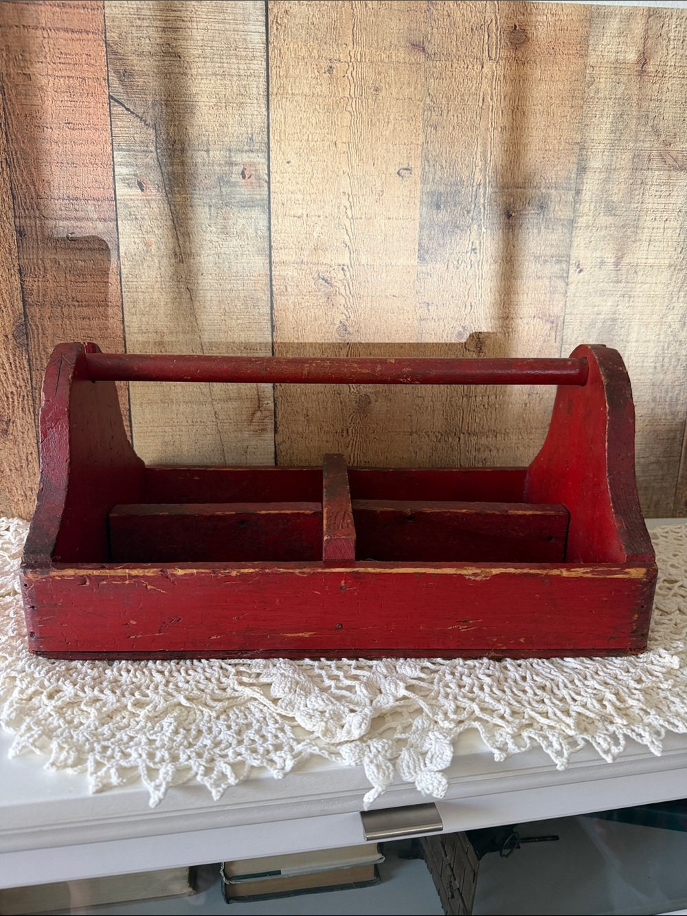 VTG primitive red wooden tool box or utility caddy